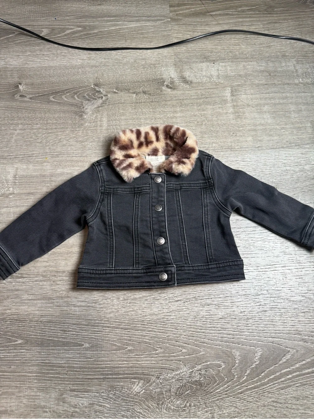 Baby Girls' Black Denim Jacket with Faux Fur Leopard Collar